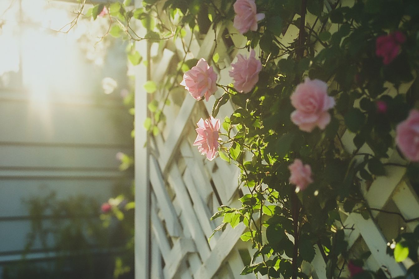 Rosa Rosen, die an einem Spalier wachsen | Quelle: Midjourney