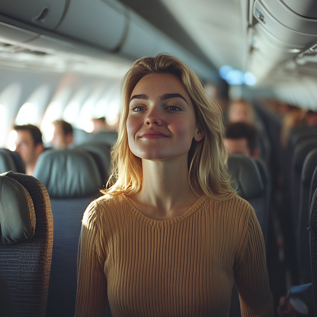 Eine stolze und glückliche Frau auf dem Weg zu ihrem Sitzplatz im Flugzeug | Quelle: Midjourney