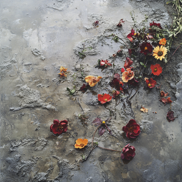 Blumenbeet ertrunken unter einer Platte aus nassem, abbindendem Zement | Quelle: Midjourney