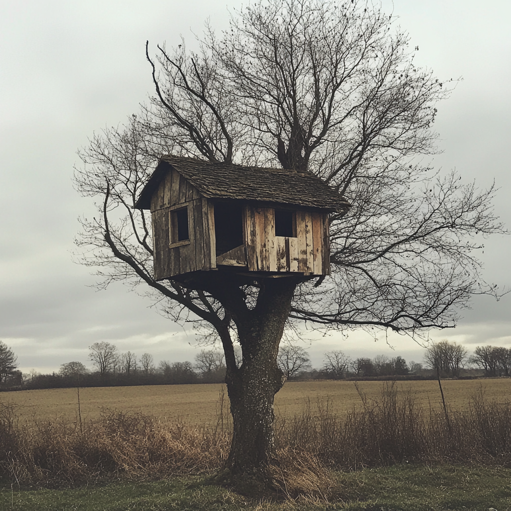 Ein altes Baumhaus auf einem Feld | Quelle: Midjourney