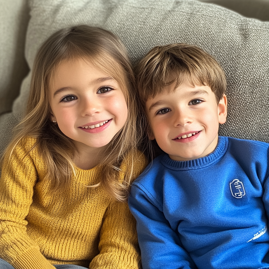 Lächelnde Kinder, die in einem Wohnzimmer sitzen | Quelle: Midjourney