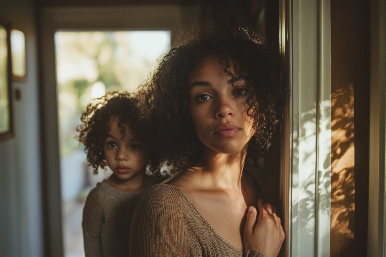 Uma mulher se apoia em uma parede enquanto sua filha fica em cima de algo atrás dela | Fonte: Midjourney