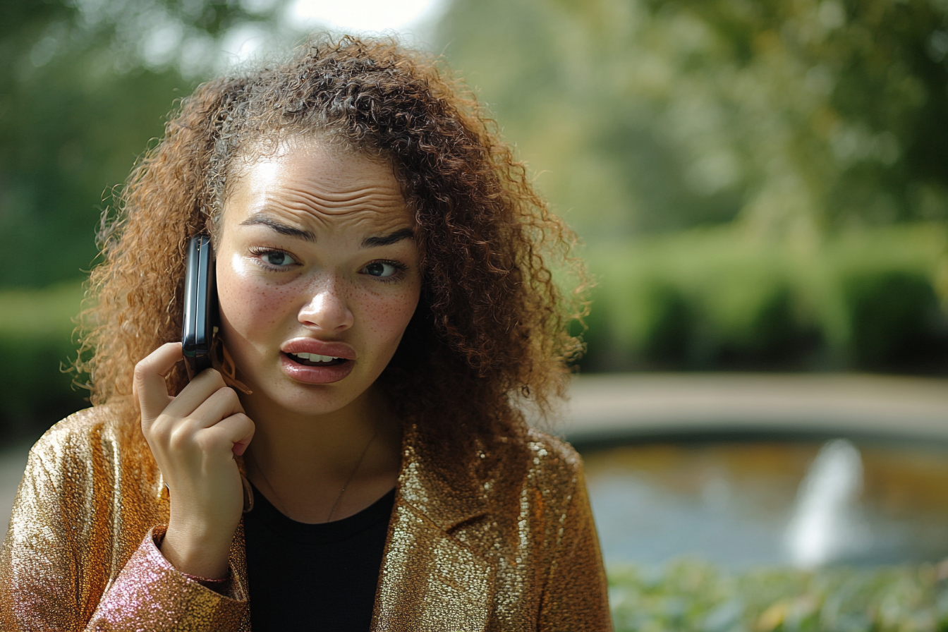 Eine verblüffte Frau, die in ihr Telefon spricht | Quelle: Midjourney