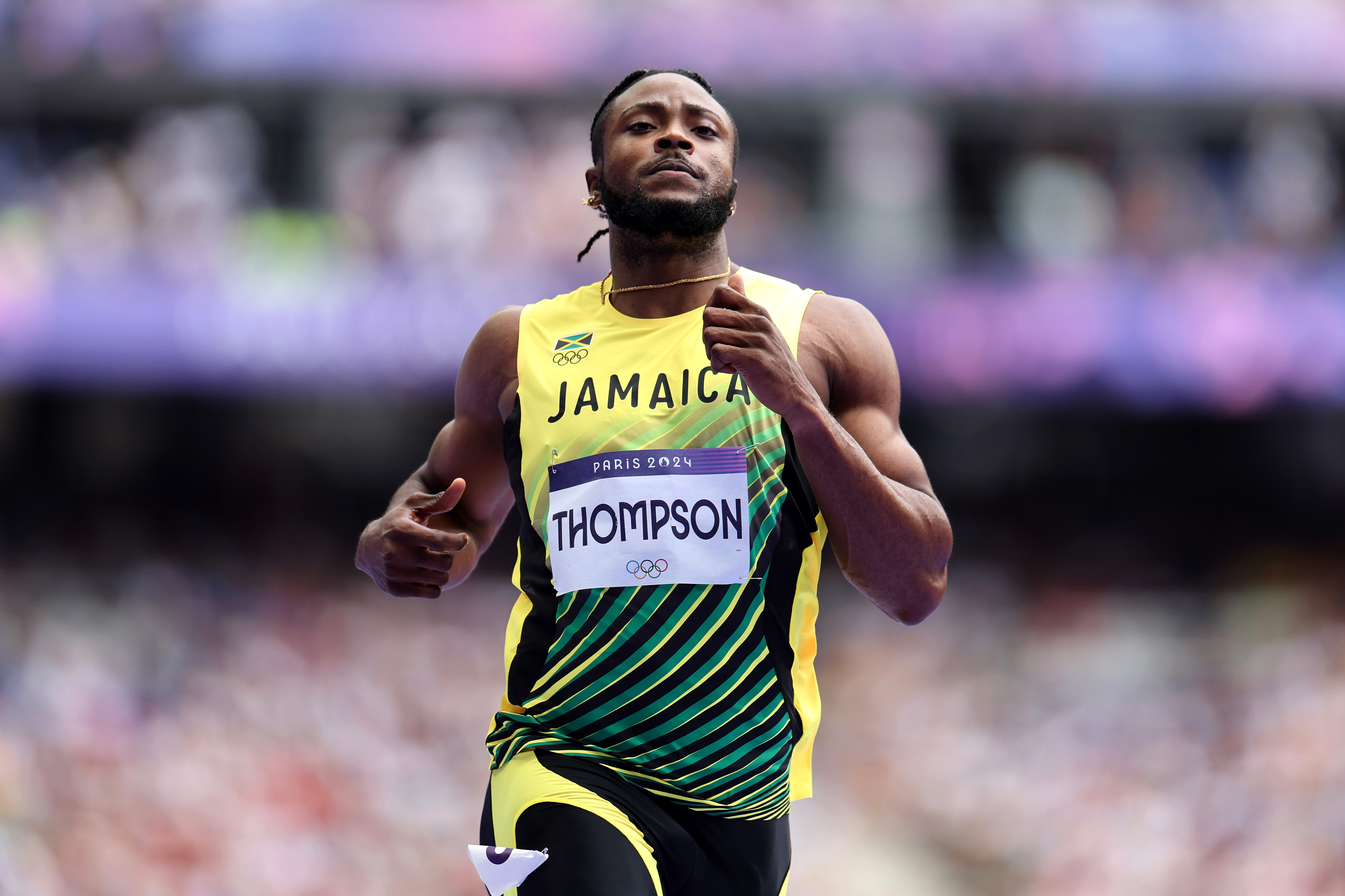 Kishane Thompson tritt bei den Olympischen Spielen Paris 2024 in Paris, Frankreich, am 3. August 2024 in der ersten Runde der 100 m der Männer an. | Quelle: Getty Images