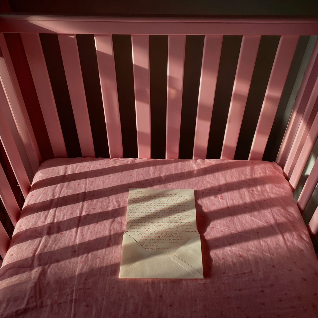 Ein Zettel in einer rosa Krippe | Quelle: Midjourney