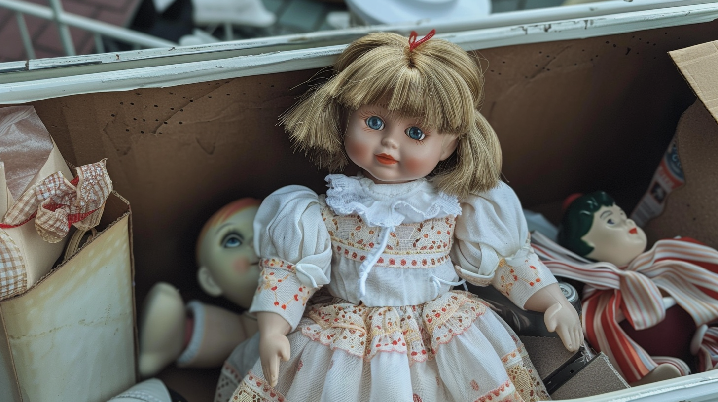 Puppe in der Kiste auf dem Flohmarkt | Quelle: Midjourney