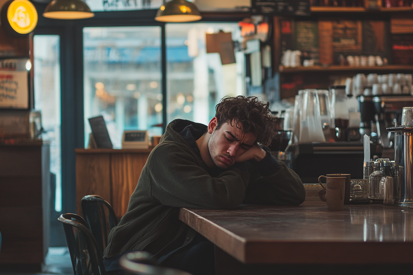 Ein erschöpfter Mann in einem Coffee Shop | Quelle: Midjourney