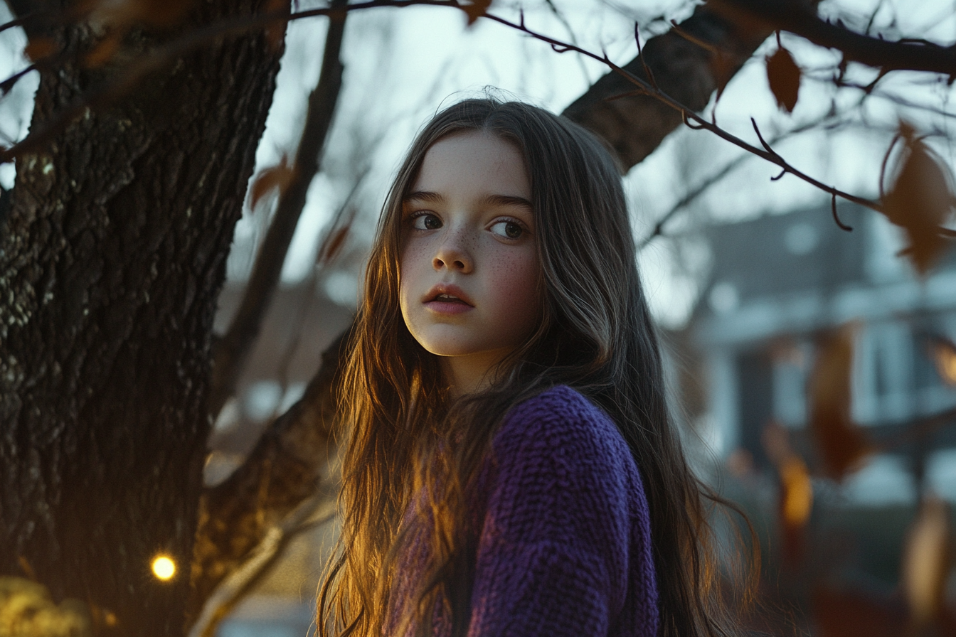 Ein Mädchen in einem lila Pullover | Quelle: Midjourney