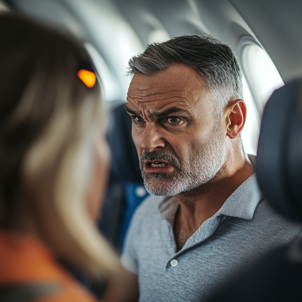 Ein wütender Mann mittleren Alters im Gespräch mit einer Flugbegleiterin in einem Flugzeug | Quelle: Midjourney