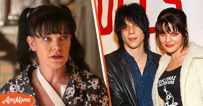 Pauley Perrette als Abby Scuito in einer Folge von “NCIS” am 5. April  2018, in Los Angeles. [links]; Pauley Perrette mit ihrem Mann Coyote Shivers bei der Premiere von "Down and Out With the Dolls" am 11. März 2003, beim CineSpace in Hollywood, Kalifornien. [rechts] | Quelle: Getty Images