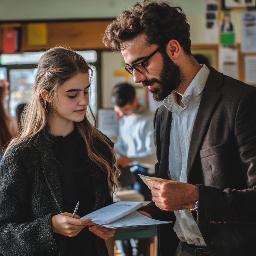 Schülerin, die ihrer Lehrerin ihre Aufgabe übergibt | Quelle: Midjourney