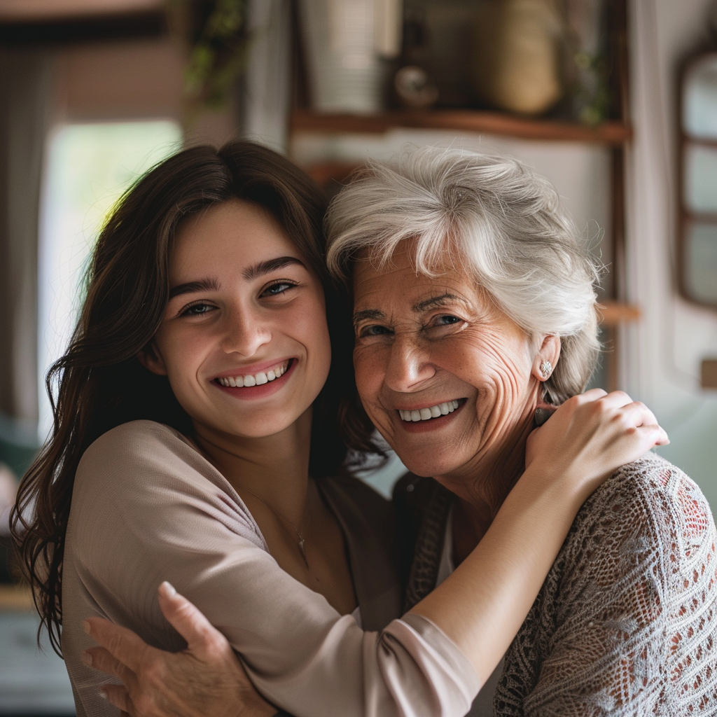 Eine Mutter und ihre Tochter, die sich umarmen | Quelle: Midjourney