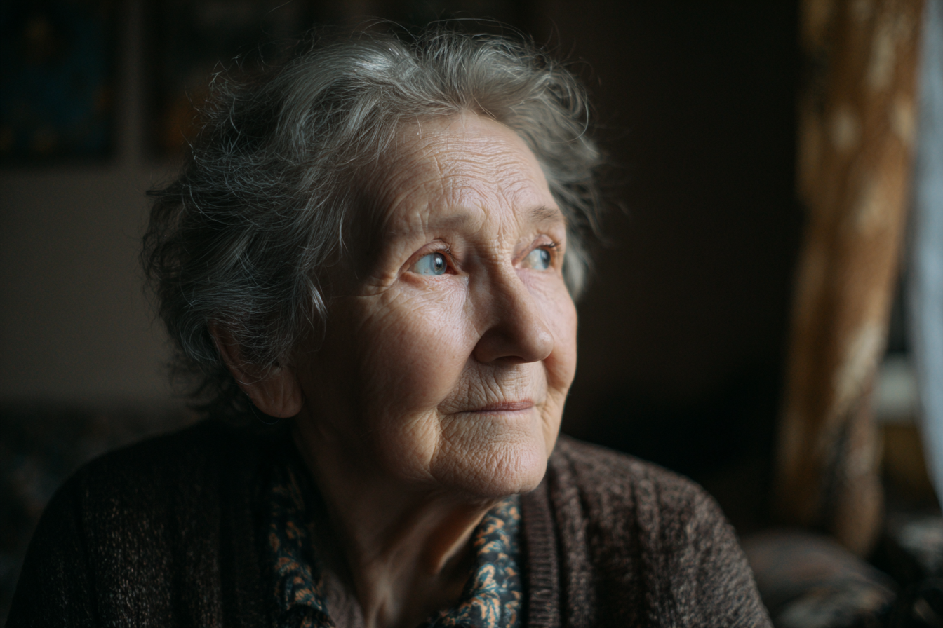 Eine ältere Frau, die an einem Fenster sitzt | Quelle: Midjourney