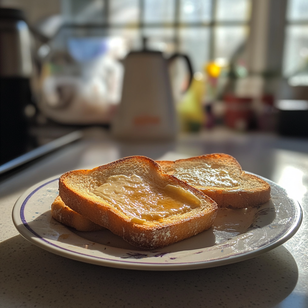 Ein Teller mit gebuttertem Toast | Quelle: Midjourney