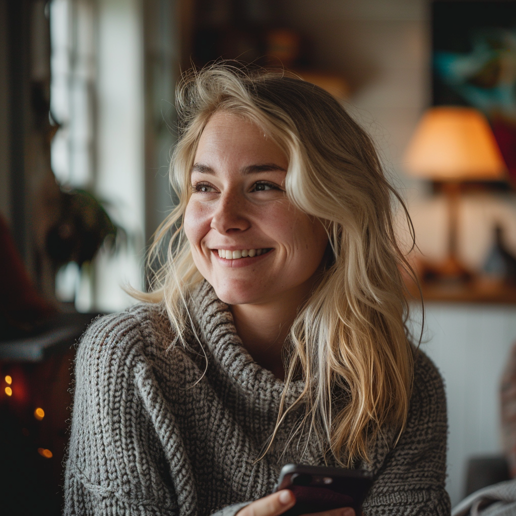 Eine junge Frau lächelt, während sie ihr Telefon hält | Quelle: Midjourney