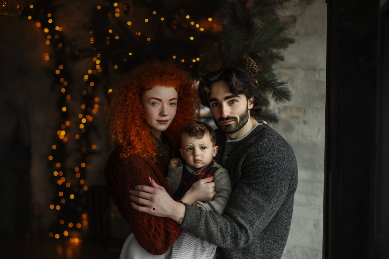 Eine Familie posiert vor einem Weihnachtsbaum | Quelle: Midjourney