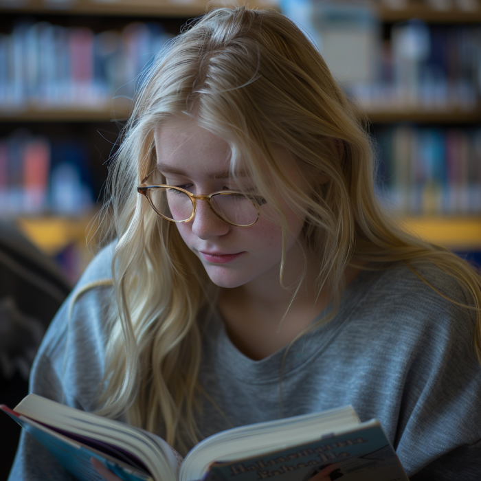 Ein Mädchen im Teenageralter liest ein Buch in einer Bibliothek | Quelle: Midjourney