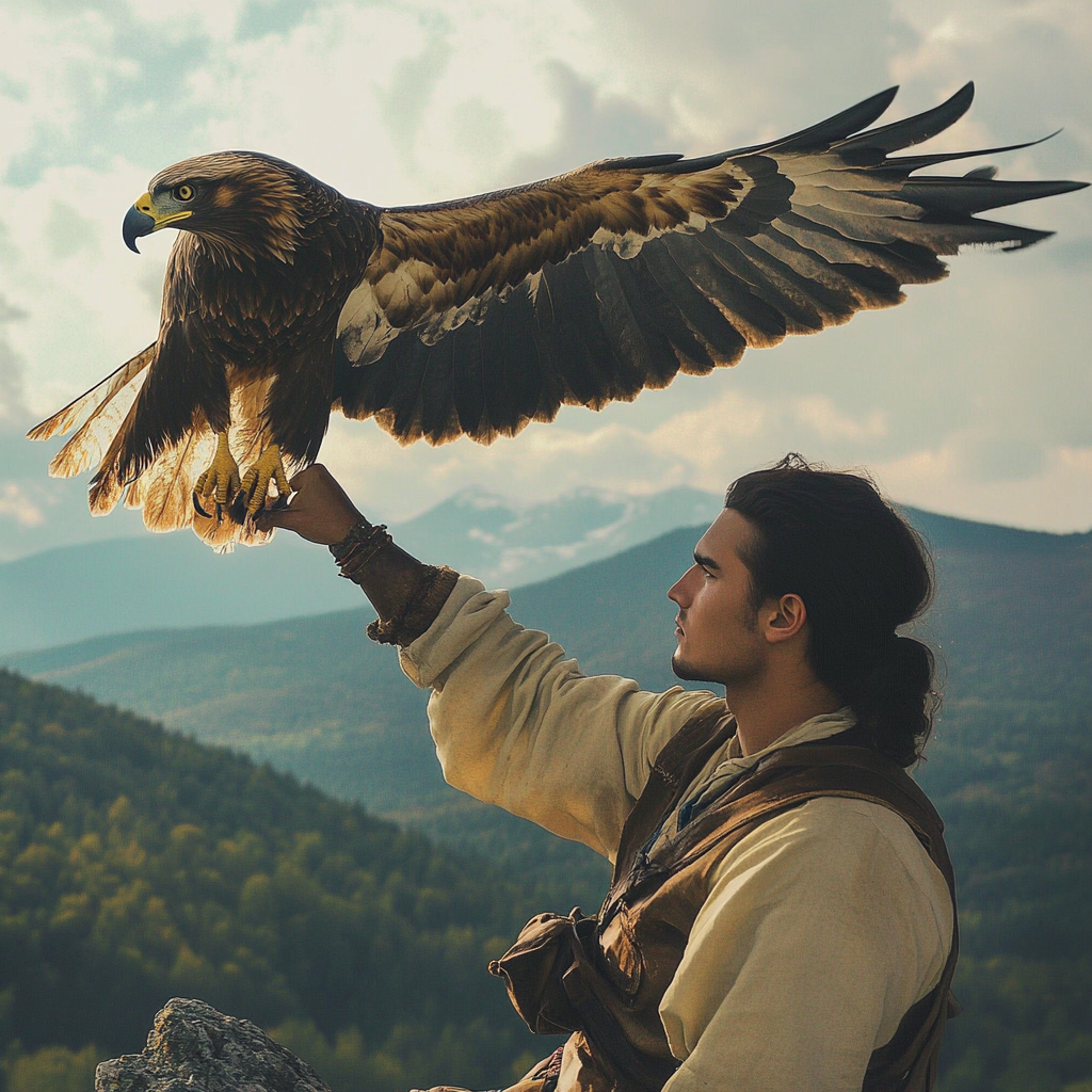 Ein Adler, der auf der Hand eines Mannes hockt | Quelle: Midjourney