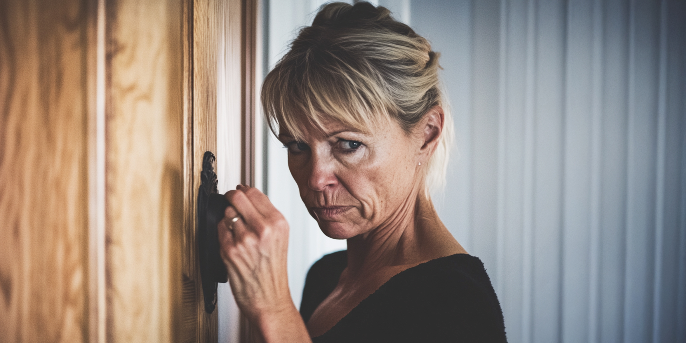 Eine Frau mittleren Alters, die neben einer Holztür steht und scharf blickt | Quelle: The Celebritist