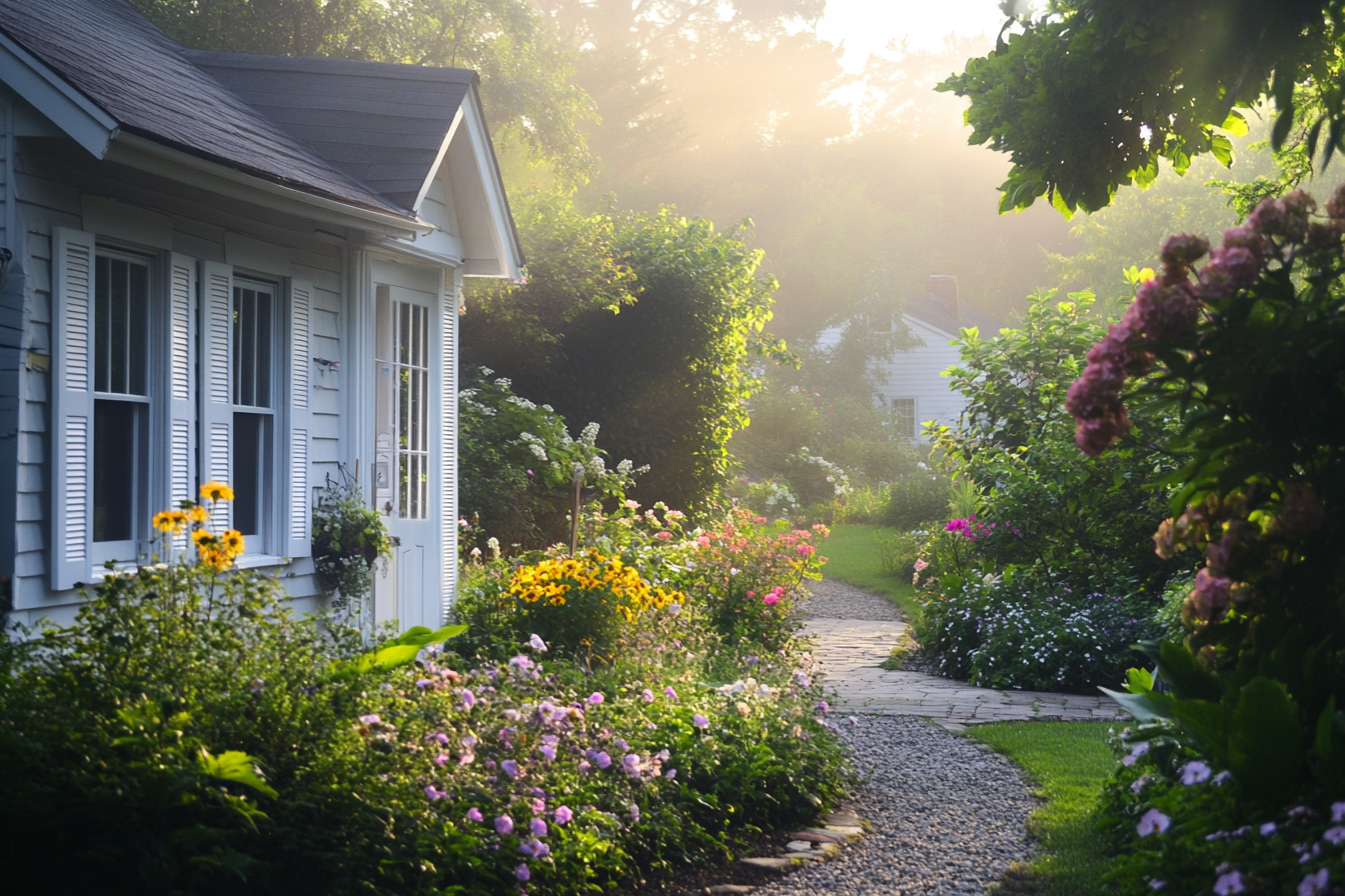 Uma casa modesta cercada por um jardim cheio de flores | Fonte: Midjourney