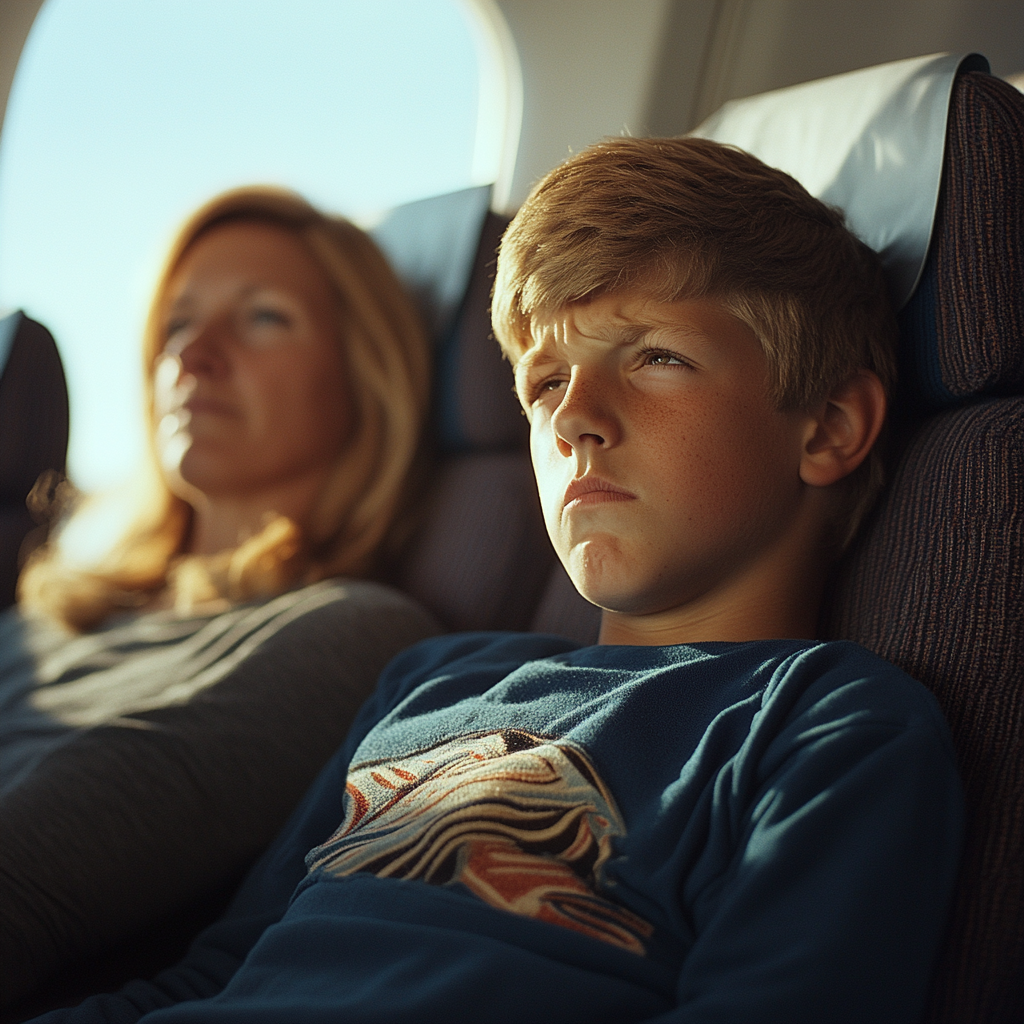 Ein frustrierter Teenager in einem Flugzeug | Quelle: Midjourney