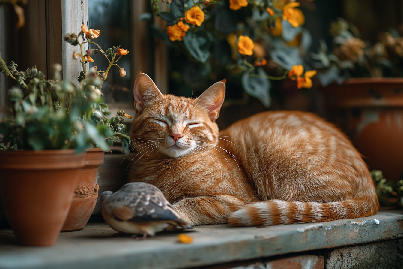 Eine orange getigerte Katze mit einer toten Taube | Quelle: Midjourney