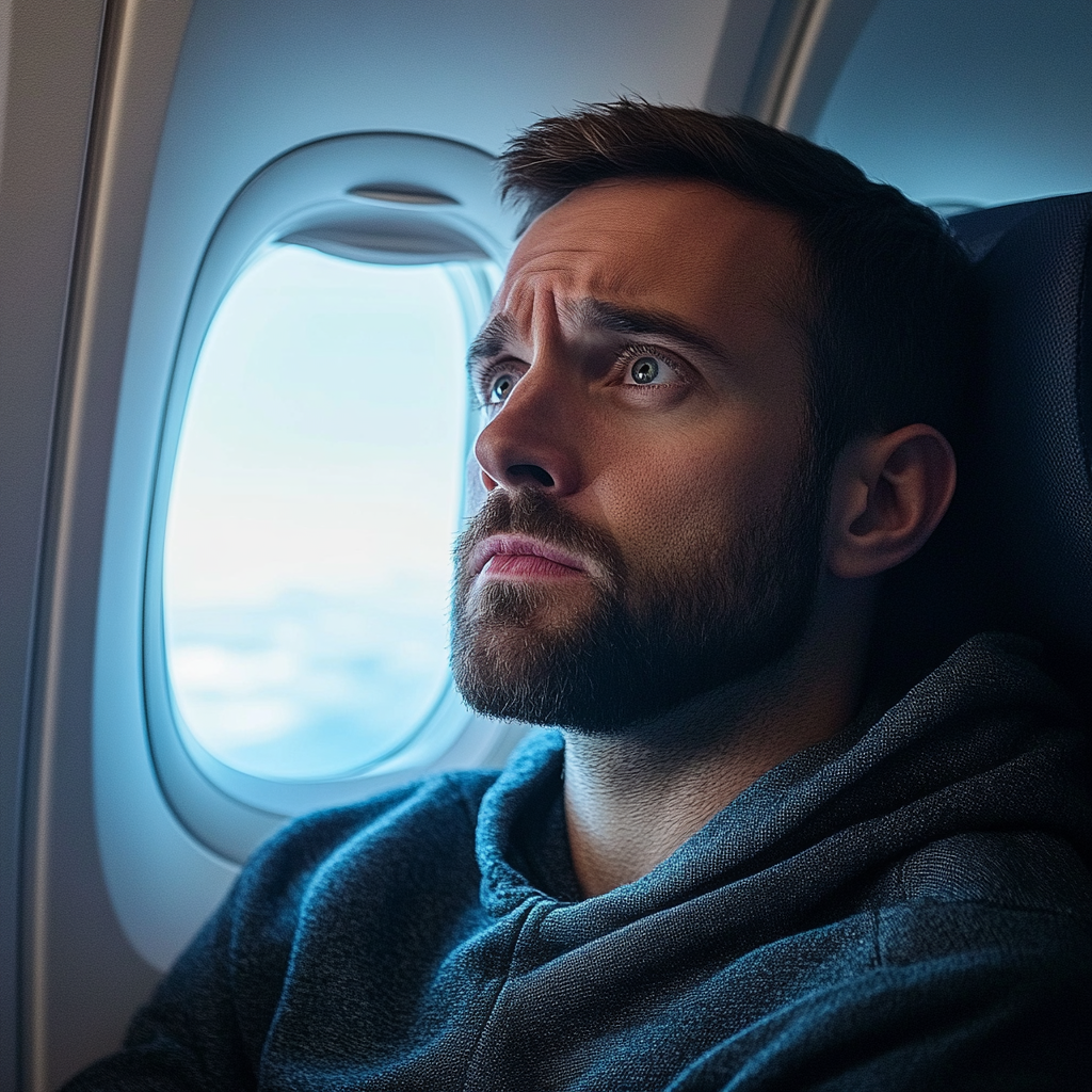 Ein angespannter Mann in einem Flugzeug | Quelle: Midjourney