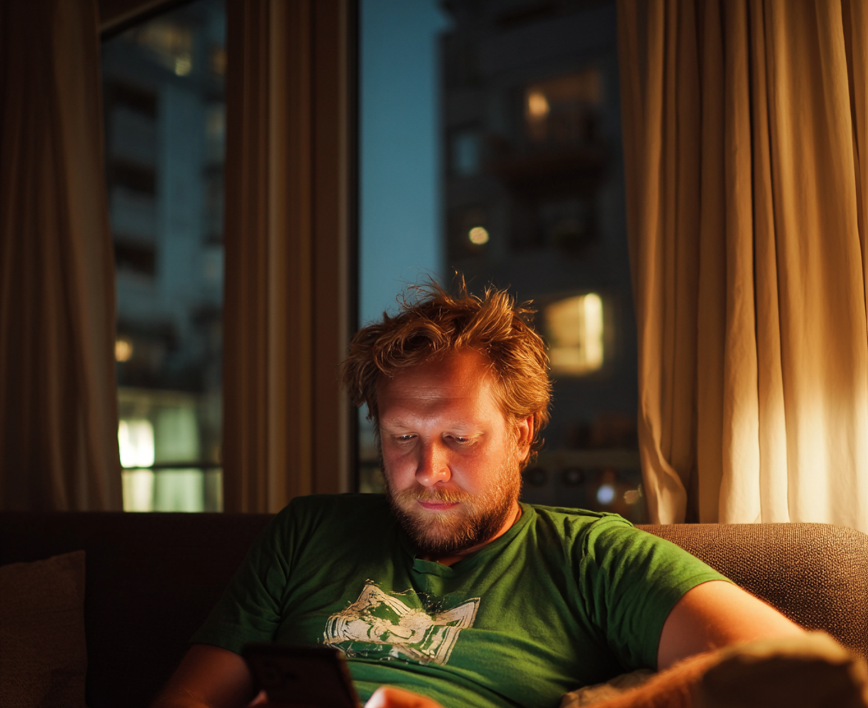Ein Mann sitzt auf einer Couch und benutzt ein Mobiltelefon | Quelle: Midjourney