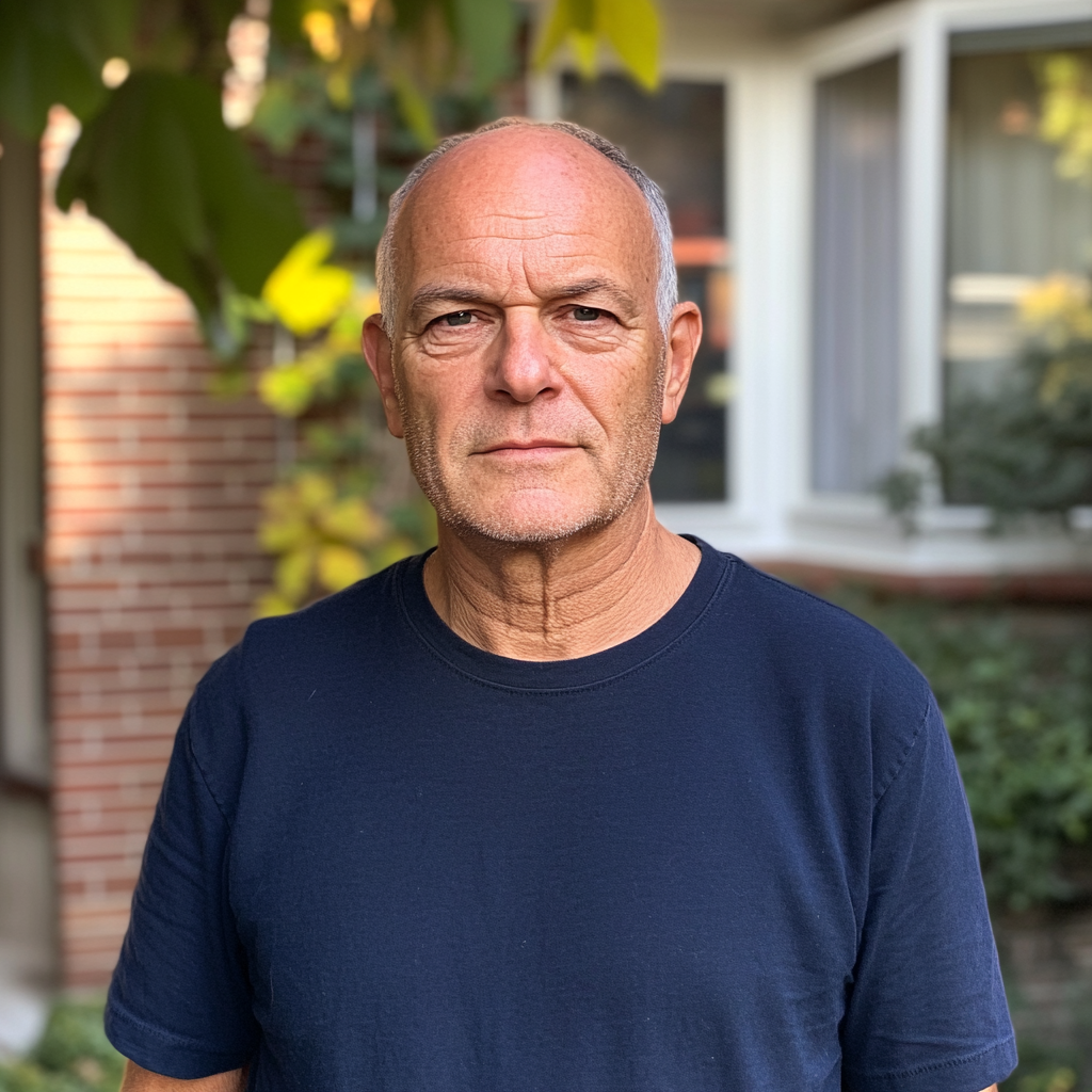 Ein alter Mann trägt ein marineblaues T-Shirt | Quelle: Midjourney