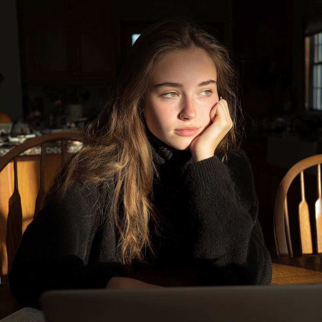 Ein Mädchen im Teenageralter träumt am Esstisch | Quelle: Midjourney