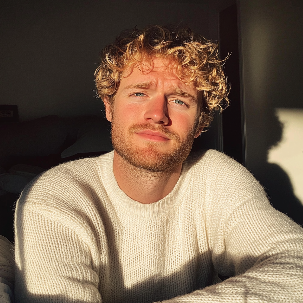 Eine Nahaufnahme eines Mannes, der einen weißen Pulli trägt | Quelle: Midjourney