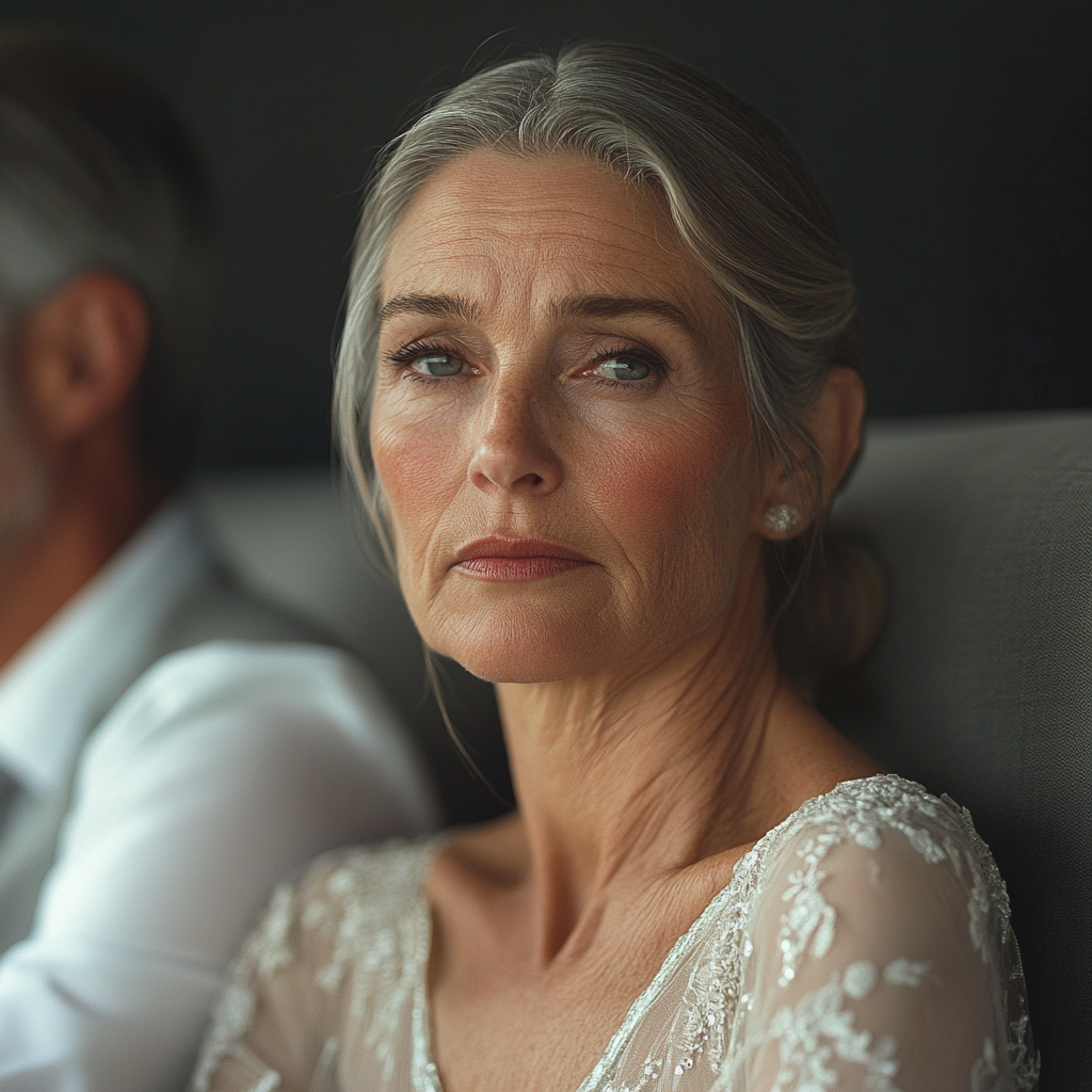 Eine Frau sitzt mit ihrem Mann auf der Hochzeit ihres Sohnes | Quelle: Midjourney