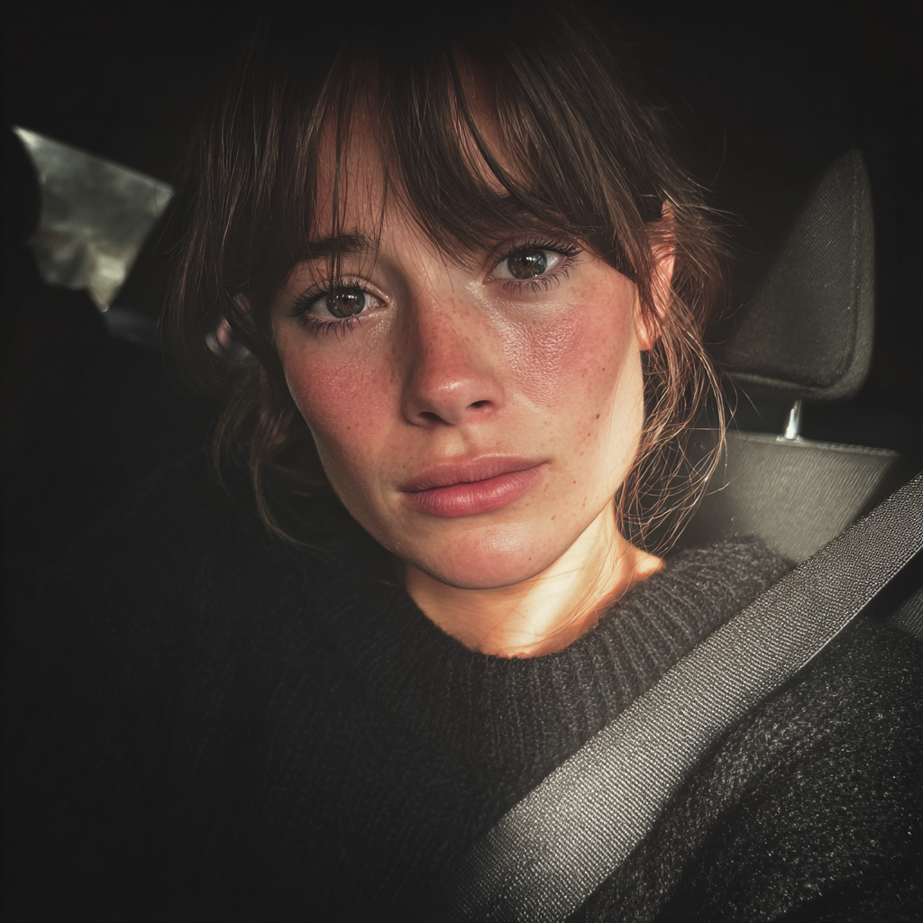 Eine emotionale Frau, die in einem Auto sitzt | Quelle: Midjourney