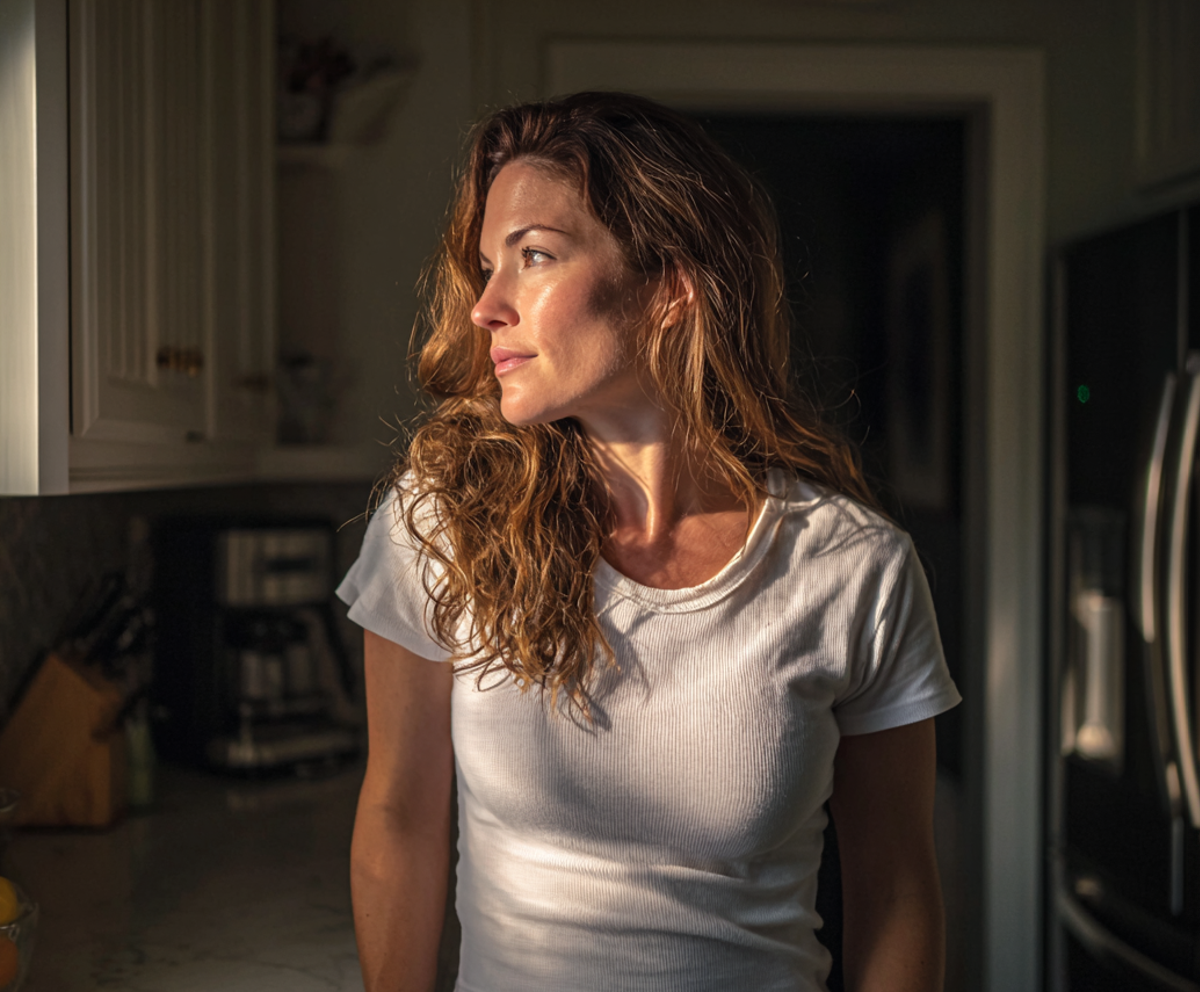 Eine Frau schaut aus einem Küchenfenster | Quelle: Midjourney