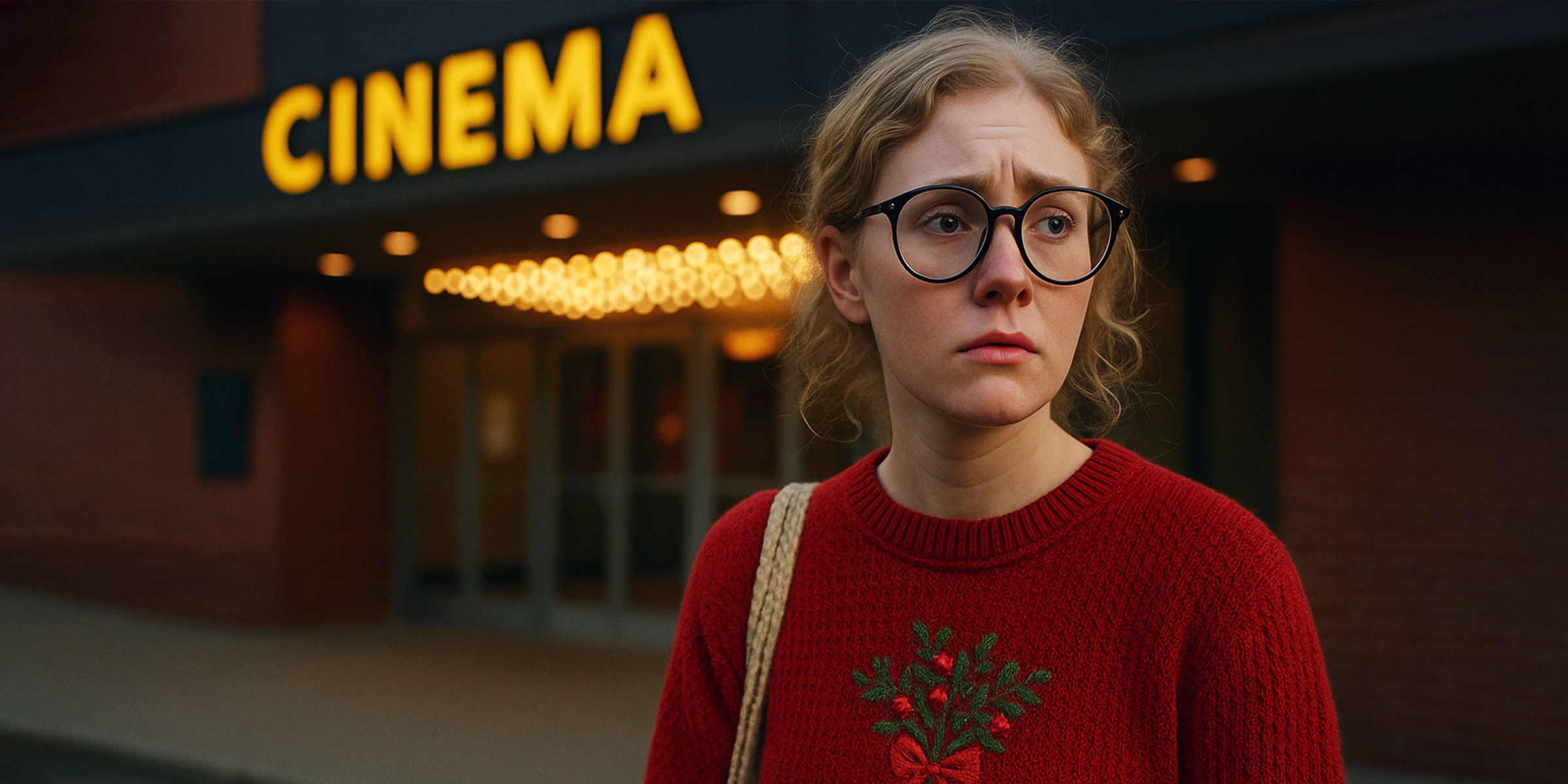 Eine Frau mit Brille in der Nähe eines Kinos | Quelle: Sora