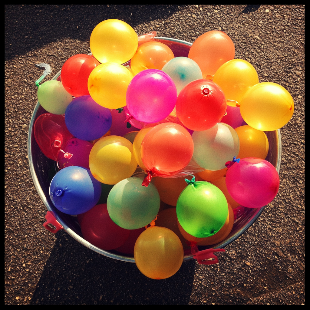 Ein Eimer mit Wasserballons | Quelle: Midjourney