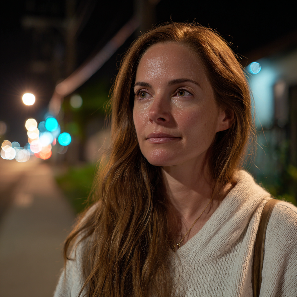 Eine lächelnde Frau, die nachts draußen steht | Quelle: Midjourney