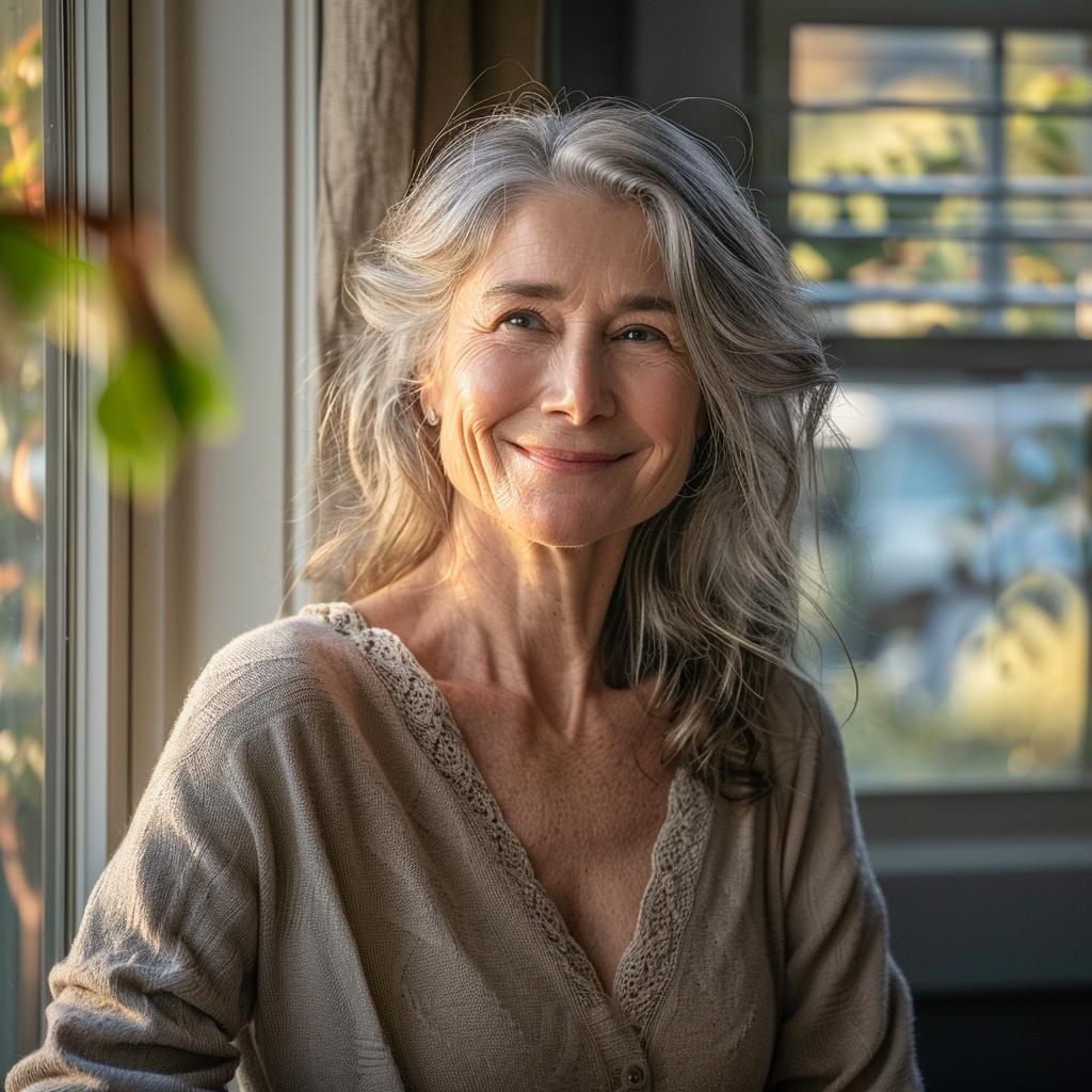 Eine Frau mittleren Alters lächelt, während sie am Fenster steht | Quelle: Midjourney