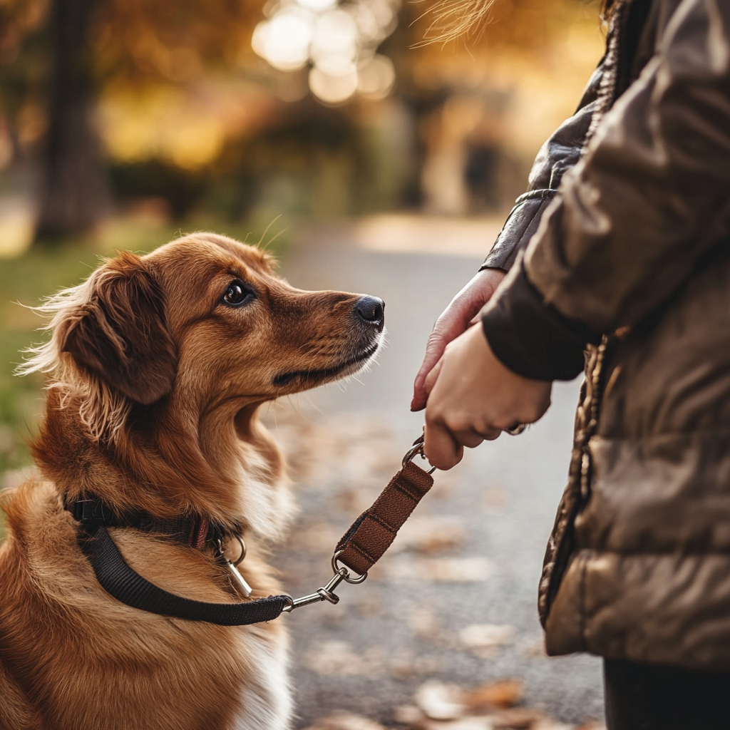 Eine Frau, die ihren Hund an der Leine hält | Quelle: Midjourney