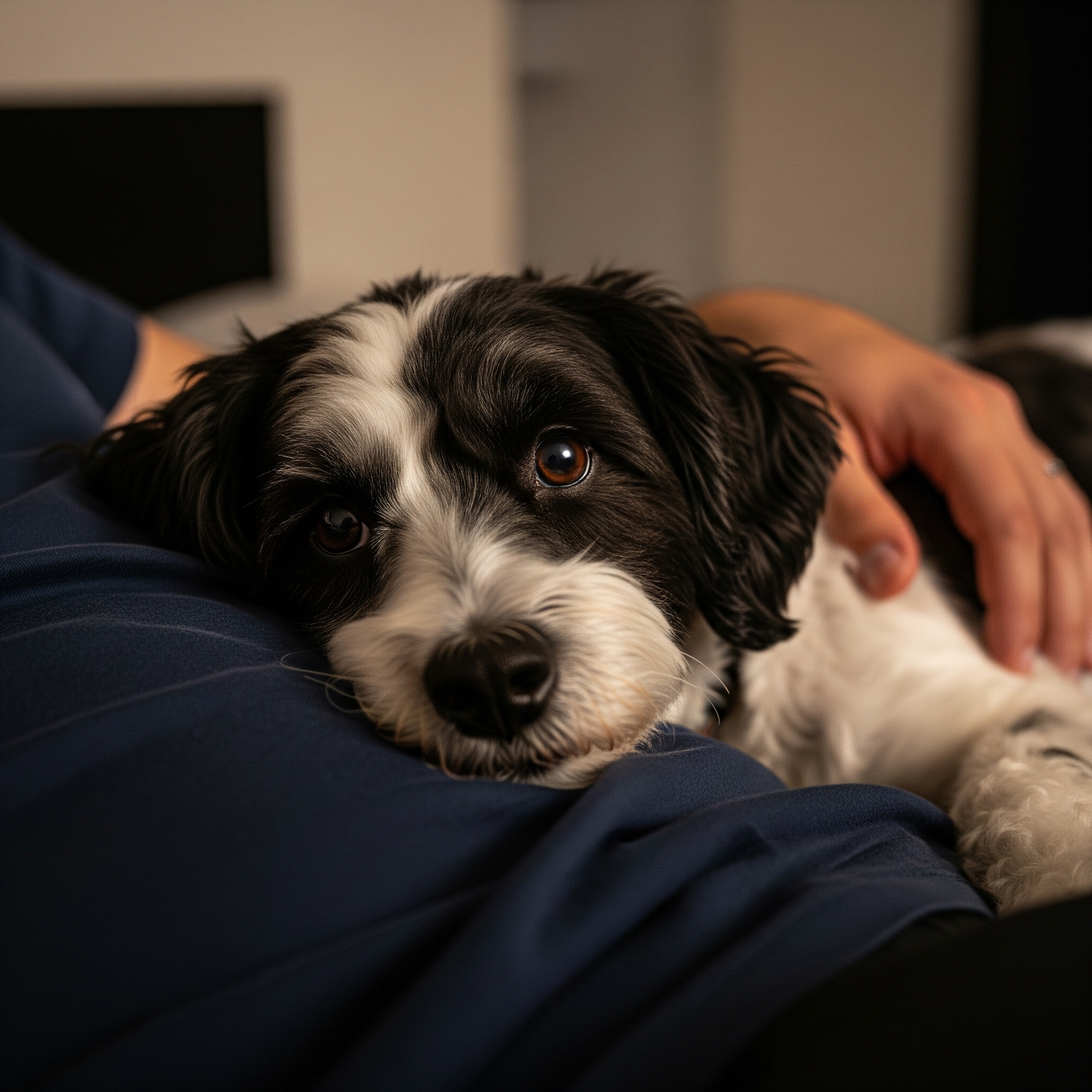 Ein Hund, der bei seinem Besitzer liegt | Quelle: Gemini