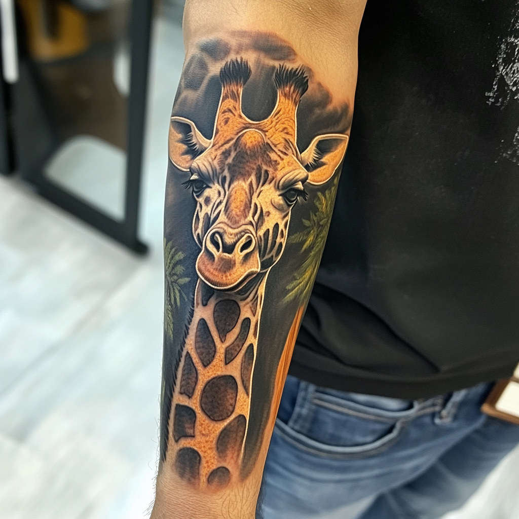 Ein Giraffentattoo auf dem Arm eines Mannes | Quelle: Midjourney