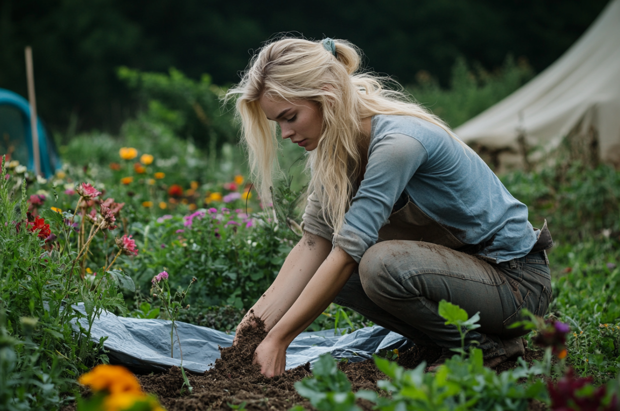 Eine Frau vergräbt einen großen Gegenstand in einem Blumenbeet | Quelle: Midjourney