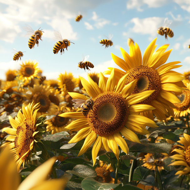 Bienen schwirren in einem Sonnenblumengarten | Quelle: Midjourney