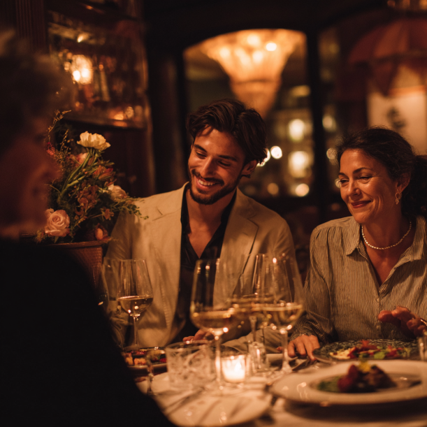 Ein Paar beim Abendessen mit einer Mutter | Quelle: Midjourney