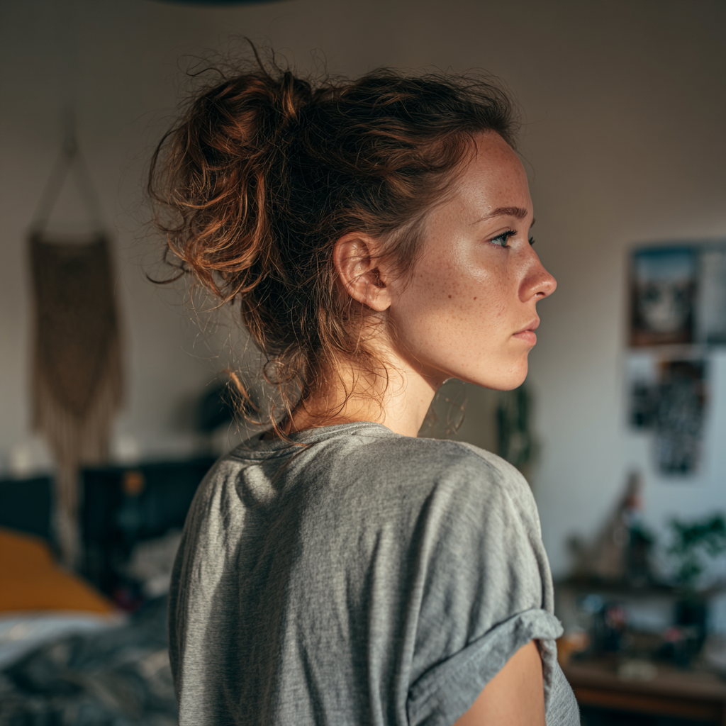 Eine Frau, die in einem Schlafzimmer steht | Quelle: Midjourney