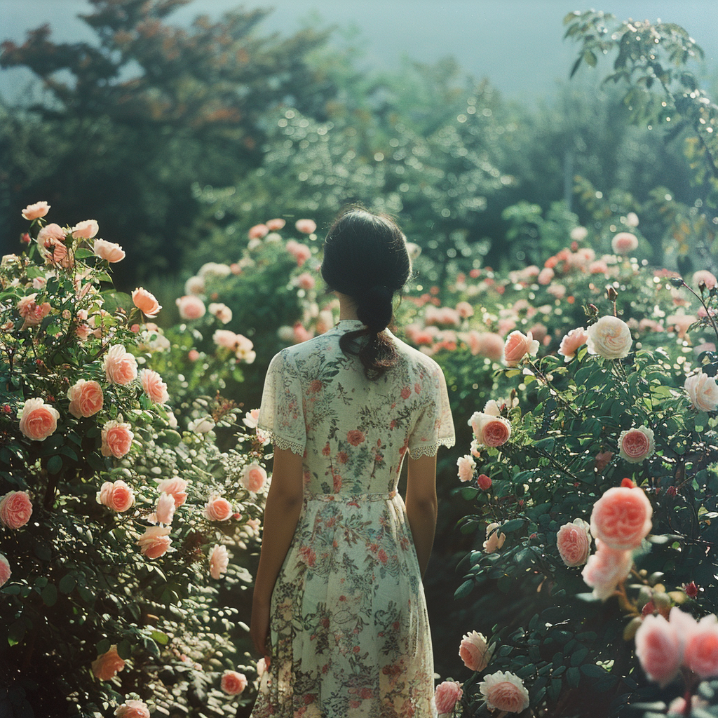Frau geht zwischen Rosensträuchern in Omas Garten spazieren | Quelle: Midjourney