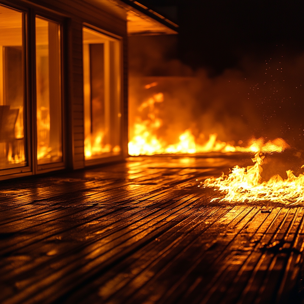 Feuer breitet sich auf der Terrasse eines Hauses aus | Quelle: Midjourney