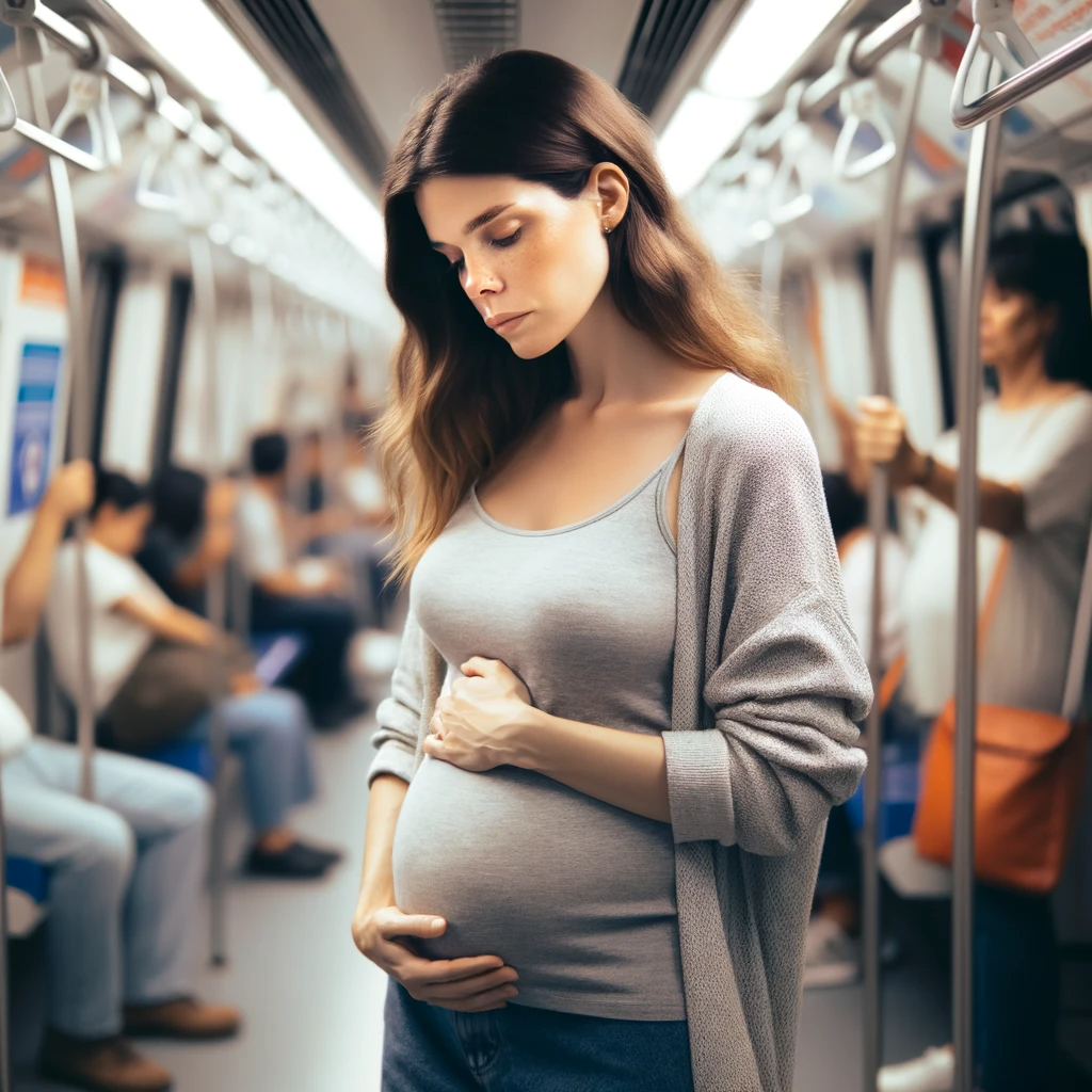 Eine schwangere Frau in einem U-Bahn-Zug via KI | Quelle: DALL-E