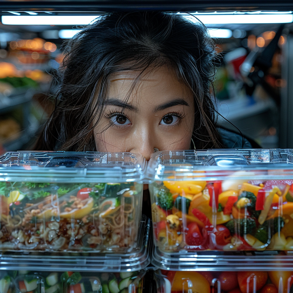 Junge Frau schaut sich Plastikbehälter am Kühlschrank an | Midjourney