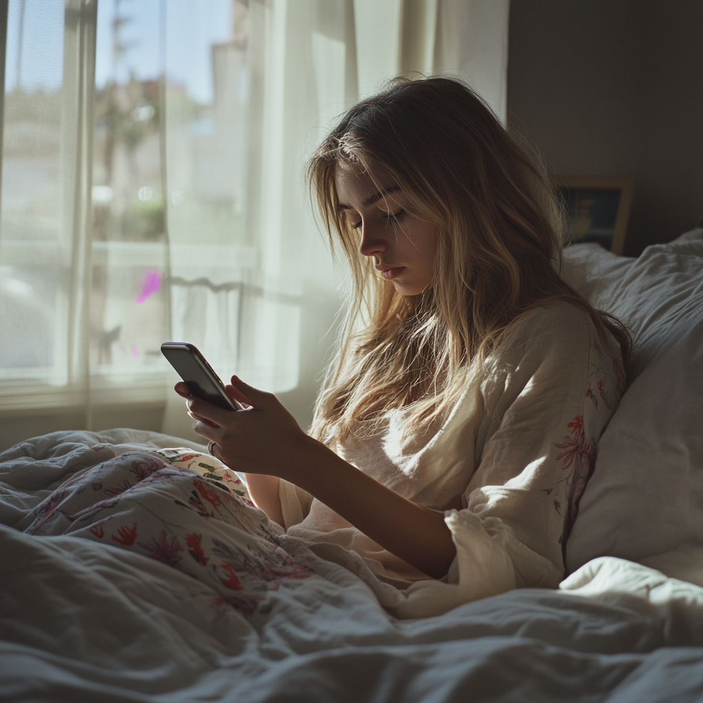 Junge Frau benutzt ihr Telefon im Bett | Quelle: Midjourney